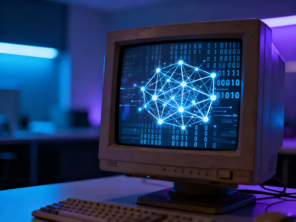 Stary monitor wyświetlający cyfrową sieć i kod binarny w nowoczesnym, nastrojowym biurze, symbolizujący świat internetu.